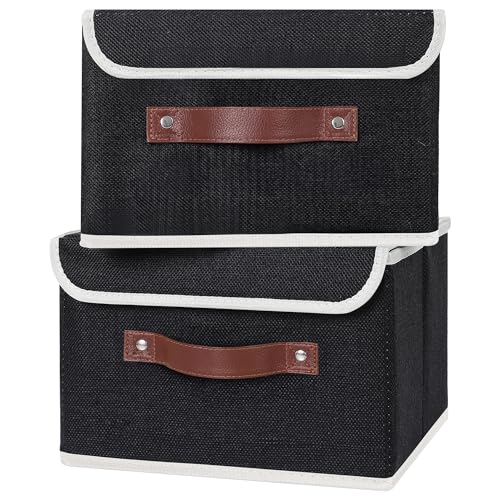 ANMINY 2PCS Storage Bins with Lid PU Leather Handles Storage Boxes PP Plastic Board Decorative Foldable Lidded Cotton Linen Fabric Home Cubes Baskets Closet Organizer Containers - Black, Small Size - color: Black, size: Small (Pack of 2)