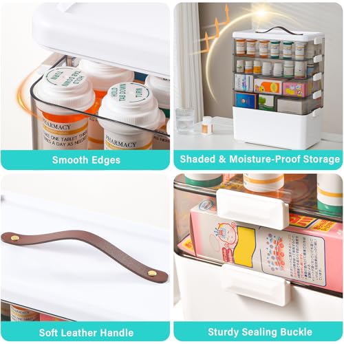 Homaigie Extra Tall 5-Tier Medicine Cabinet Organizer for Upright Medicine Bottles Organizer, Portable Medicine Storage Box with Leather Handle, Empty First Aid Kit Container for Home, Travel - size: 5 Tier