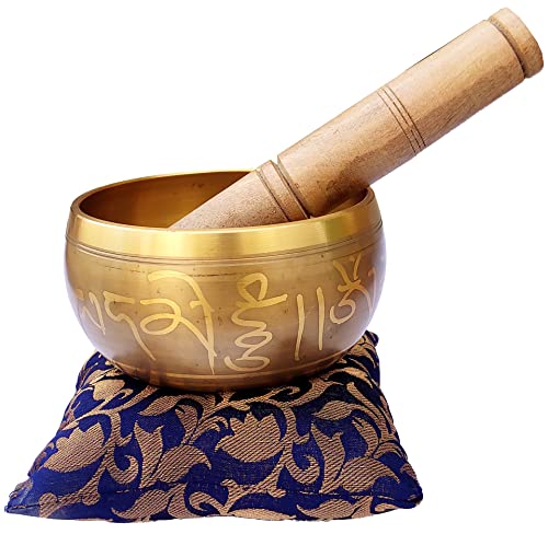 Purpledip Bell Metal Singing Bowl: Buddhist Tibetan Musical Instrument For Dhyana & Meditation (10781) - style: Scripture design | 5 inches | Gold