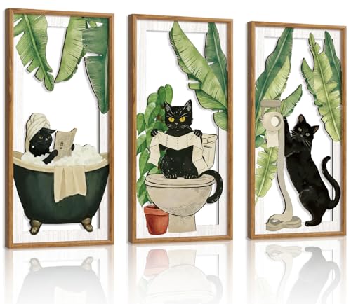 3PCS Funny Bathrooms Wall Decor, Whimsical Black Cat Wood Sign, 8x16Inch Vintage Cat Toilet Wooden Hanging Sign Botanical Wall Art for Powder Room Restroom Decoration, Lovely Cat Gifts - color: Funny Bathroom Wooden Wall Art