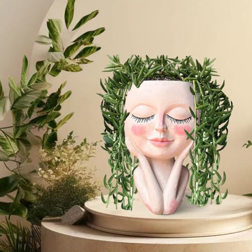 Head Planter Pot for Plants - Face Flower Pots Indoor Outdoor, Cute Succulent Head Planter, Creative Plant Pots With Drainage, Resin Cactus Planter Coffee Table Decor, Women/Mother Vase Gifts Ideas - size: Medium, style: Shy Flower Pot