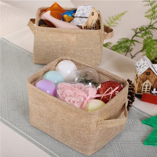 Small Storage Basket Bins Canvas Mini Storage Cubes Storage Basket for Makeup, Baby Toys Liners, Books Nursery Storage Baskets with Handles for Shelves & Desks (3 Jute Gray)