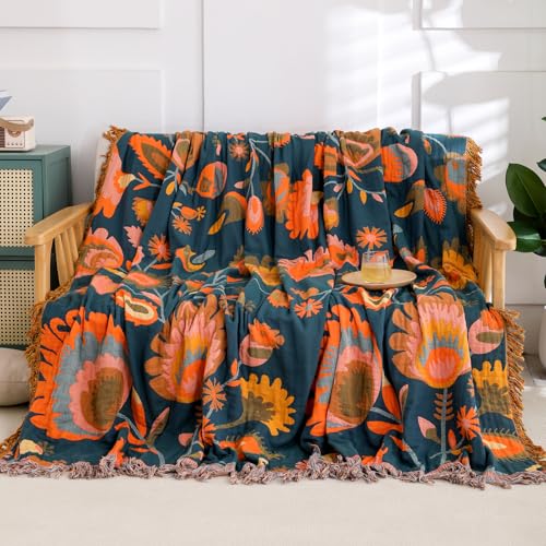 Snycler Boho Throw Blanket for Bed, 100% Organic Cotton Muslin Soft Throw-Orange Boho Floral Farmhouse Rustic Spring Summer Fall Decor Blanket for Couch Sofa Quilt and Gift, 80" x 90" - color: Orange Boho Floral, size: 80"x90"