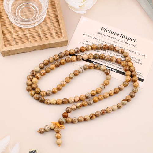 AD Beads 6mm 8mm 108 Prayer Mala Jasper Elastic Bracelet - Handmade Yoga Meditation Healing Power Energy Gifts for Unisex Adult. - color: Picture Jasper(Spiritual)