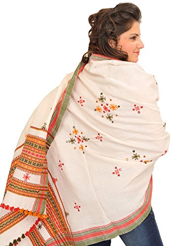 Exotic India Shawl from Kutch with Embroidered Bootis and Mirrors - Wool - color: Cream Pink