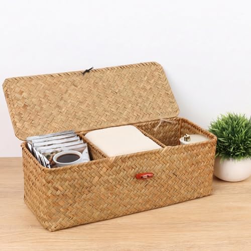 Wicker Shelf Baskets with Lid,Rectangular Seagrass Woven Storage Baskets with Dividers for Bathroom Organizer Small Bins Home Decor (Natural)
