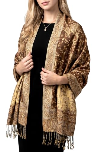 Achillea Reversible Paisley Pashmina Rave Scarf – Exotic Indian Shawls and Wraps for Evening Dresses, Festivals, All Seasons - color: Brown