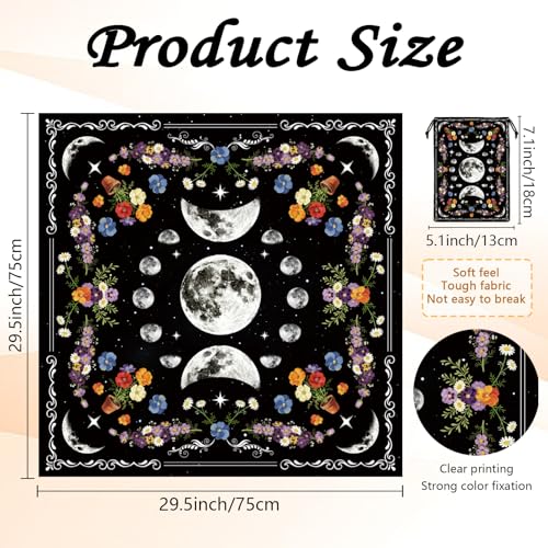 Tarot Altar Cloth Black Tablecloth Flowers and Lunar Phases Print Card Table Tablecloth with Velvet Tarot Card Bag for Reading Rituals Crystals Spiritual Divination Witchcraft Supplies - color: Flowers and Lunar