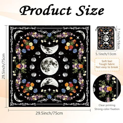 Tarot Altar Cloth Black Tablecloth Flowers and Lunar Phases Print Card Table Tablecloth with Velvet Tarot Card Bag for Reading Rituals Crystals Spiritual Divination Witchcraft Supplies - color: Flowers and Lunar