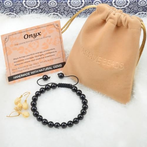 MASSIVE BEADS Handmade Yoga Natural Stone Crystal Healing Power Energy Gifts for Unisex Adult Bracelet Macrame Adjustable - color: Black Onyx(Positive Energy), size: 8mm