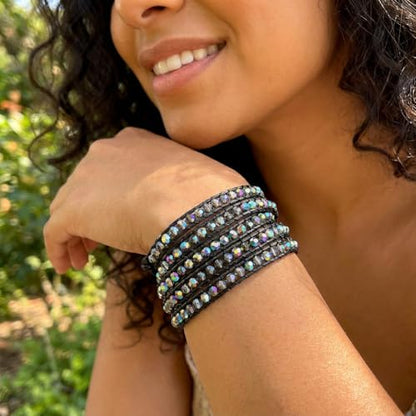YGLINE Natural Stone Wrap Bracelet for Women Boho Bracelets Healing Crystal Beaded Bracelet Adjustable 3/5 Wraps Bracelet Handmade Birthday Gifts for Women - color: black crystal