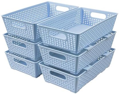 Tiawudi Stackable Woven Plastic Basket, Storage Bins for Cabinet, Closet, Shelf, Under Sink and Countertop, Pantry Organizer Bins, 6 Pack - color: Light Blue
