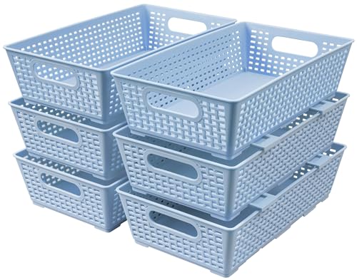 Tiawudi Stackable Woven Plastic Basket, Storage Bins for Cabinet, Closet, Shelf, Under Sink and Countertop, Pantry Organizer Bins, 6 Pack - color: Light Blue