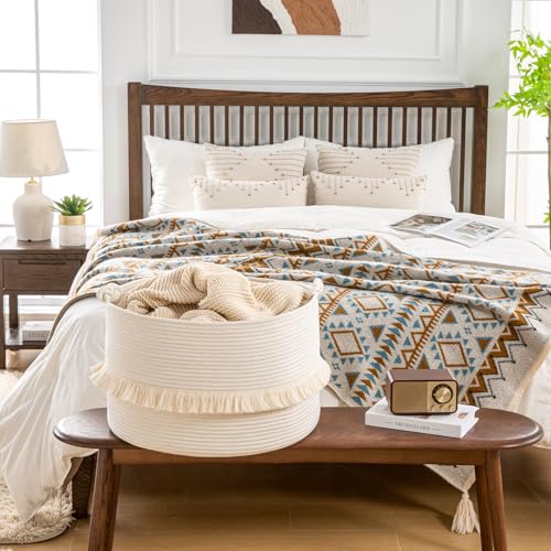 KAKAMAY Large Blanket Basket (20"x13"),Woven Baskets for storage Baby Laundry Hamper, Cotton Rope Blanket Basket for Living Room, Laundry, Nursery, Pillows, Baby Toy chest (White) - color: White