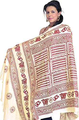 Exotic India Hindu Prayer Shawl with Printed Sri Ram Jai Ram Jai Jai Ram Mantra - PolyCotton - color: Pearled Ivory