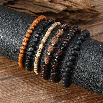 Puka Shell Bracelet for Men Wooden Bracelets Turquoise Stack Beaded Minimalist Trendy Jewelry for Friend Gift - style: 6pcs-Black