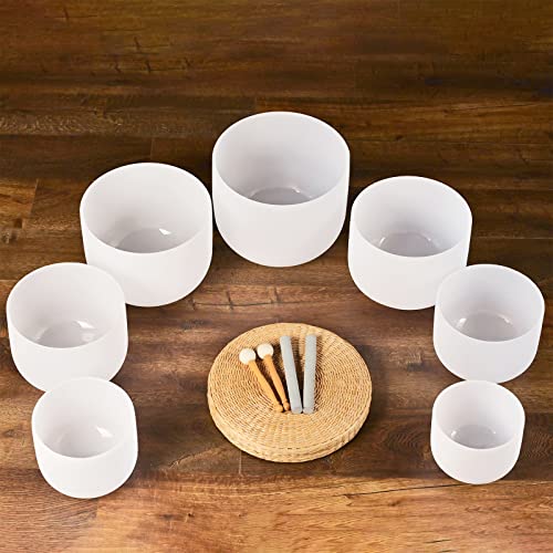 432HZ 8-14 Inch Set of 7 Pcs Frosted Chakra Quartz Crystal Singing Bowl Set for Sound Healing with Heavy Duty Carrying Cases