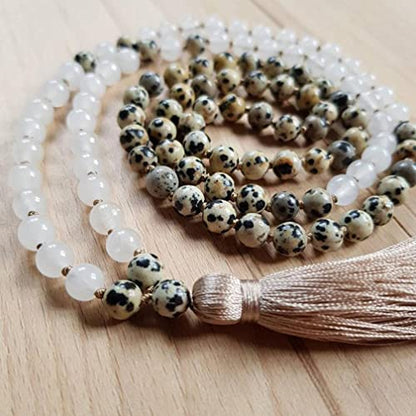 108 Bead Japa Mala Necklace – Dalmatian Jasper & Snow Quartz – Handmade Yoga Meditation Jewelry – Old Gold Silk Tassel – USA Artisan Crafted