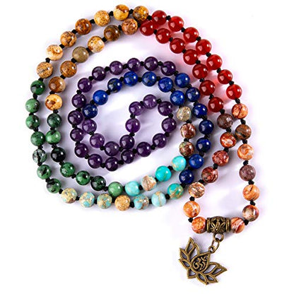 Bivei 7 Chakra 108 Mala Beads Bracelet Real Gemstone Yoga Meditation Hand Knotted Mala Prayer Bead Necklace - size: 6mm, style: # Lotus OM - 7 Chakras