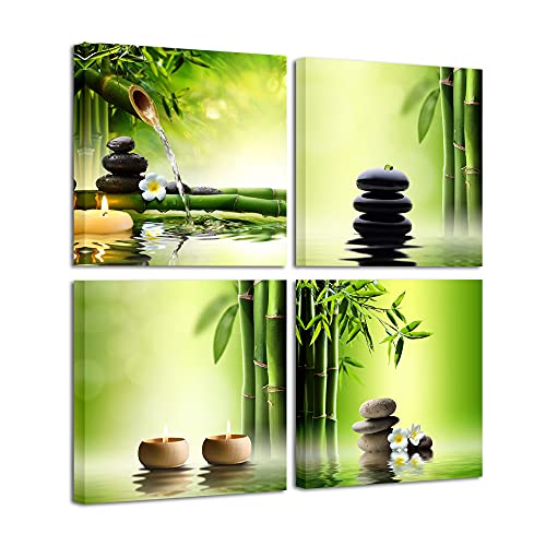 Pyradecor Modern 4 Panel Stretched Contemporary Zen Canvas Prints Perfect Bamboo Green Pictures on Canvas Wall Art for Home Office Decorations Living Room Bedroom - size: 30x30cmx4pcs (12x12inchx4pcs)