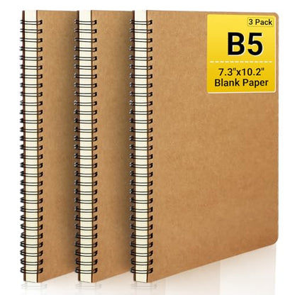 EUSOAR Spiral Blank Notebooks, B5 3 packs 7.3"x10.2" Unlined Travel Writing Notebooks Journal, Memo Notepad Sketchbook, Students College Office Business Subject Diary Spiral Book Journal-Kraft Cover - color: Kraft, size: B5-3 Packs