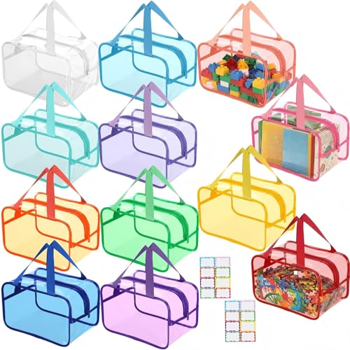 Shinylin 12 Pack Large Colorful Clear Toy Storage Bags with Labels Reusable Waterproof PVC Toy Organizer Bags with Zippers for Puzzles Board Game Storage Containers Building Blocks (Vibrant Colors) - color: Vibrant Colors