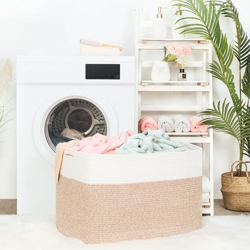 MINTWOOD Design 112L Extra Large Blanket Basket Holder Living Room, 25"x17"x16" Rectangle Rope Woven Storage Basket with Handles for Laundry, Pool Towels, Shoes, Dog Toy Organizer Bin Box, Light Brown - color: Light Brown
