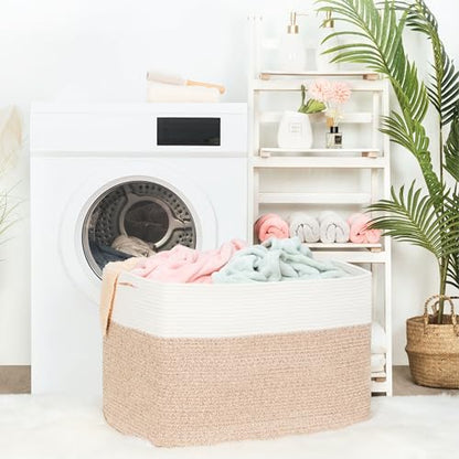 MINTWOOD Design 112L Extra Large Blanket Basket Holder Living Room, 25"x17"x16" Rectangle Rope Woven Storage Basket with Handles for Laundry, Pool Towels, Shoes, Dog Toy Organizer Bin Box, Light Brown - color: Light Brown