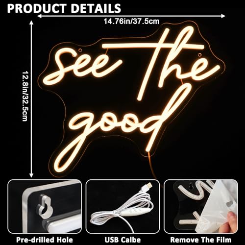 See The Good Neon Sign for Wall Decor, Warm White Led Signs for Room, USB Dimmable Neon Lights for Bedroom Home Living Room Party Cafe Business Pub Motivational Wall Art Birthday Gift - style: see the good