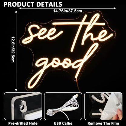 See The Good Neon Sign for Wall Decor, Warm White Led Signs for Room, USB Dimmable Neon Lights for Bedroom Home Living Room Party Cafe Business Pub Motivational Wall Art Birthday Gift - style: see the good