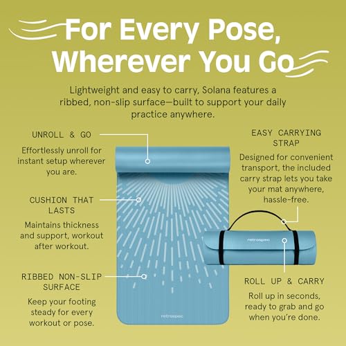 Retrospec Solana Yoga Mat Thick 1/2in Non-Slip Workout Mat with Nylon Strap - 72x24in Exercise Mat for Pilates, Stretching & Fitness - BPA Free, Easy Clean - color: Blue Mist
