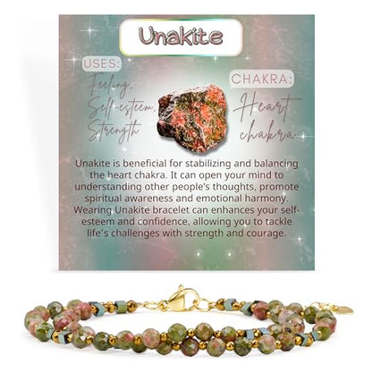 Farfume Beaded Bracelets for Women, Chakra Crystal 4mm Beads Gemstone Natural Stone Bead Spiritual Jewelry Gifts for Women - color: Mottled Green and Pink Unakite-Balance