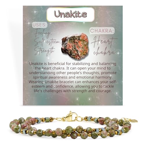 Farfume Beaded Bracelets for Women, Chakra Crystal 4mm Beads Gemstone Natural Stone Bead Spiritual Jewelry Gifts for Women - color: Mottled Green and Pink Unakite-Balance