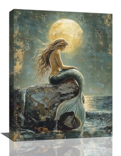 Olivine Mermaid Wall Art, Ocean Pictures Wall Decor, Retro Coastal Moon Canvas Print Painting, Framed Artwork for Bathroom Bedroom Living Room Girl's Room Office Home Decoration 16"x12" - color: Mermaid, size: 16"L x 12"W