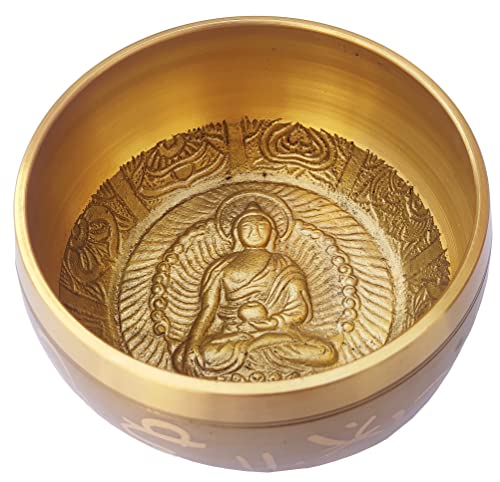 Purpledip Bell Metal Singing Bowl: Buddhist Tibetan Musical Instrument For Dhyana & Meditation (10781) - style: Scripture design | 5 inches | Gold