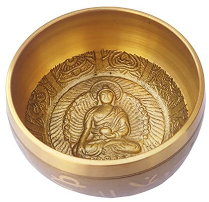 Purpledip Bell Metal Singing Bowl: Buddhist Tibetan Musical Instrument For Dhyana & Meditation (10781) - style: Scripture design | 5 inches | Gold