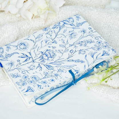 PU Leather Hardcover Notebook – Blue Botanical Floral Cover with Printed Edge Design, 380 Lined Pages, Tie Closure, 8.5" × 6" Writing Journal