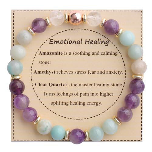 KSQS Healing Stone Bead Bracelet for Women, Natural Gemstones Balance Protection Bracelet, Spiritual Crystal Beads Bracelet Anxiety Relief with Meaning Card - style: Emotional Healing