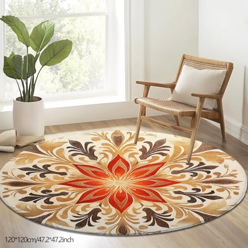 Round Area Rug, Golden Lotus Flower Design, Flannel Meditation Yoga Mat, 59x59 Inch, Soft Portable Floor Carpet for Living Room Bedroom Entryway (120 * 120cm/47.2 * 47.2inch)