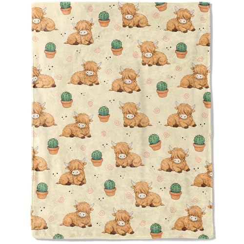 Playful Highland Cow and Cactus Fleece Blanket,Farm Animal and Desert Plant Western Style Blankets,Warm Farmhouse Decorative Throws for Sofa,Car,Office,Throw Gifts for Teens Adults 50”x60” - color: Highland Cow 02, size: 50x60 inch