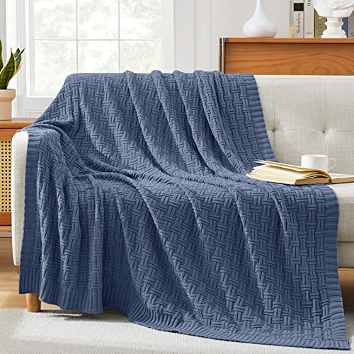 TREELY 100% Cotton Knitted Throw Blanket Couch Cover Blanket(60 x 80 Inches, Dusty Blue) - color: Dusty Blue, size: Twin (60 in x 80 in)