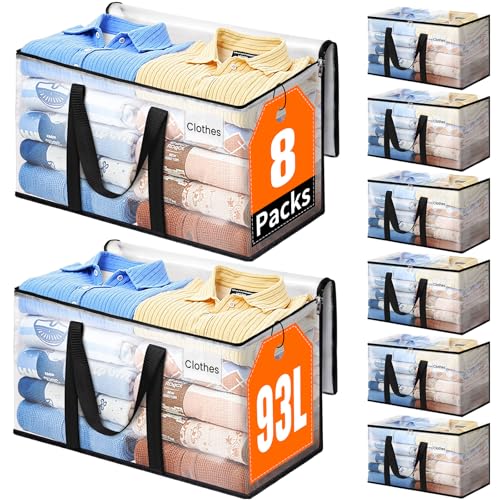 Extra Large Heavy Duty Moving Bags, Storage Bags with Strong Zippers & Handles, Packing Bags for Moving Essentials, Ideal Storage Tote for Home, Dorm & Storage Solutions, 93L, 8 Packs, Clear - size: 93L
