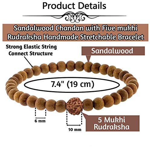 Sandalwood Bracelet for Women Men Buddhist Prayer Strand Chandan Bracelet Handmade Stretchable Elastic Sandalwood Beaded Wristbands for Yoga Meditation - style: 6mm Beads + Rudraksha