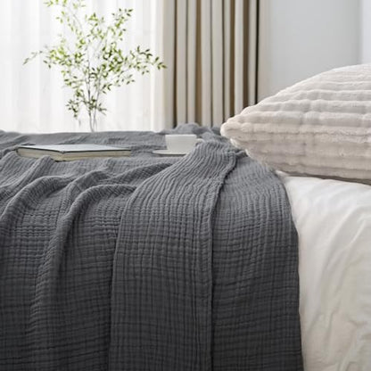 Esterra Queen Size Cozy Soft Lightweight Pre-Washed Cotton Blanket, All Season Breathable 4-Layer Gauze Blanket Throw for Couch Bed, Dark Gray, 90x90 Inches - color: 11 - Dark Gray, size: Queen (90"x90")