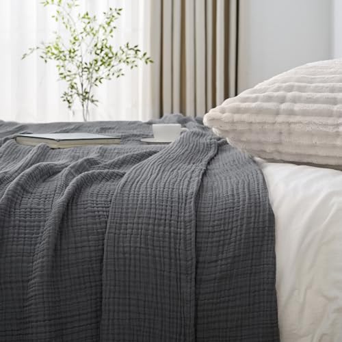 Esterra Muslin Twin Size Cozy Soft Lightweight Pre-Washed Cotton Blanket, All Season Breathable 4-Layer Gauze Blanket Throw for Couch Bed, Dark Gray, 66x90 Inches - color: 11 - Dark Gray, size: Twin (66"x90")