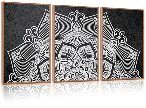 CHDITB Lotus Flower Framed Canvas Wall Art Set, Mandala Wall Decor for Yoga Room, Black and White Spiritual Wall Painting, Vintage Meditation Art Prints for Zen Living Room, Bedroom, Office 16"x24"x3 - color: Mandela Flower, size: 16"L x 24"W