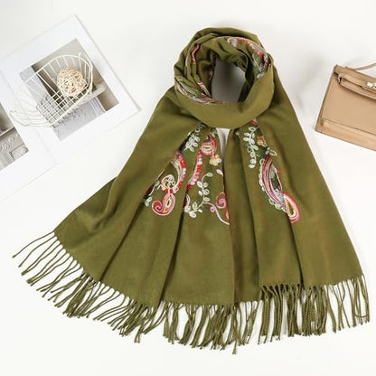 Embroidered Brushed Shawl Paisley Leaves Pattern Scarf Soft Ponchos Wrap Cape With Fringes - color: 024-olive