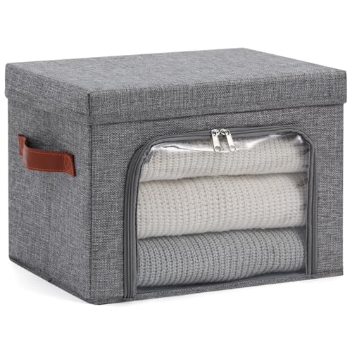 Large Storage Bins Boxes with Lids Clear Window Zipper Closure Decorative Cotton Linen Fabric Baskets with PU Leather Handles PP Board Collapsible Clothes Shelf Closet Organizer (Gray) - color: Gray, size: Large ( Pack of 1 )