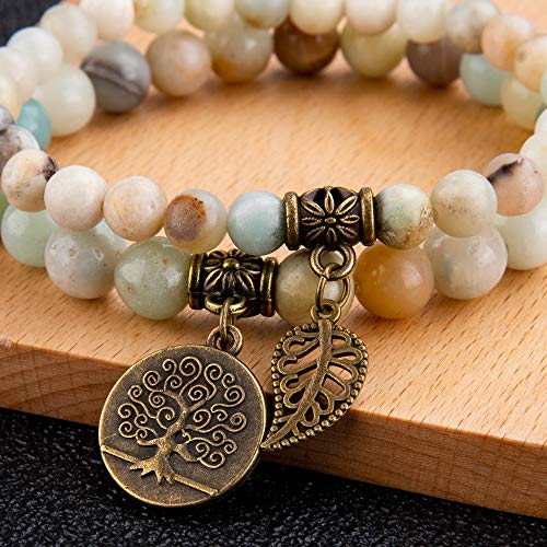 Bivei Natural Semi Precious Gemstone beads bracelet for women - Life Tree and Leaf Charm Energy Reiki Crystal Stretch Bracelets - color: Amazonite Bracelet Set, size: Medium:6.8-7.24inch