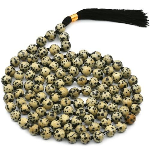 Amazing Gemstone Japa Mala 108 Prayer Beads Necklace and Wrist Mala Bracelet for Meditation - color: Dalmatian Jasper, size: Hand Knotted